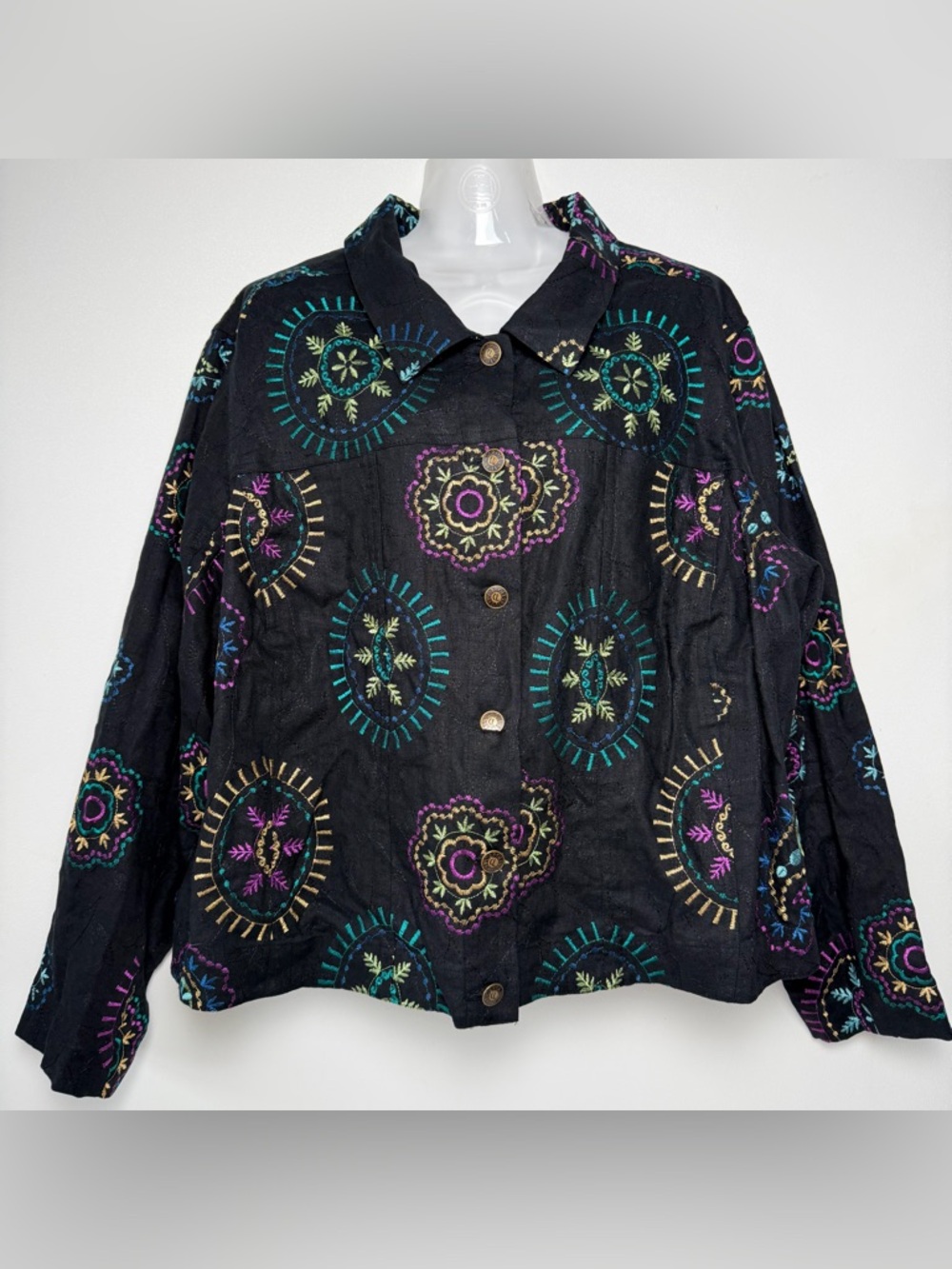 Carole Little Woman Size XL 100% Linen Black Embroidered Button-Up Floral Boho